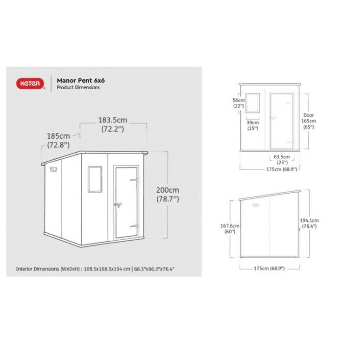 Keter 6 x 6 Manor Plastic Pent Garden Storage Shed – Grey